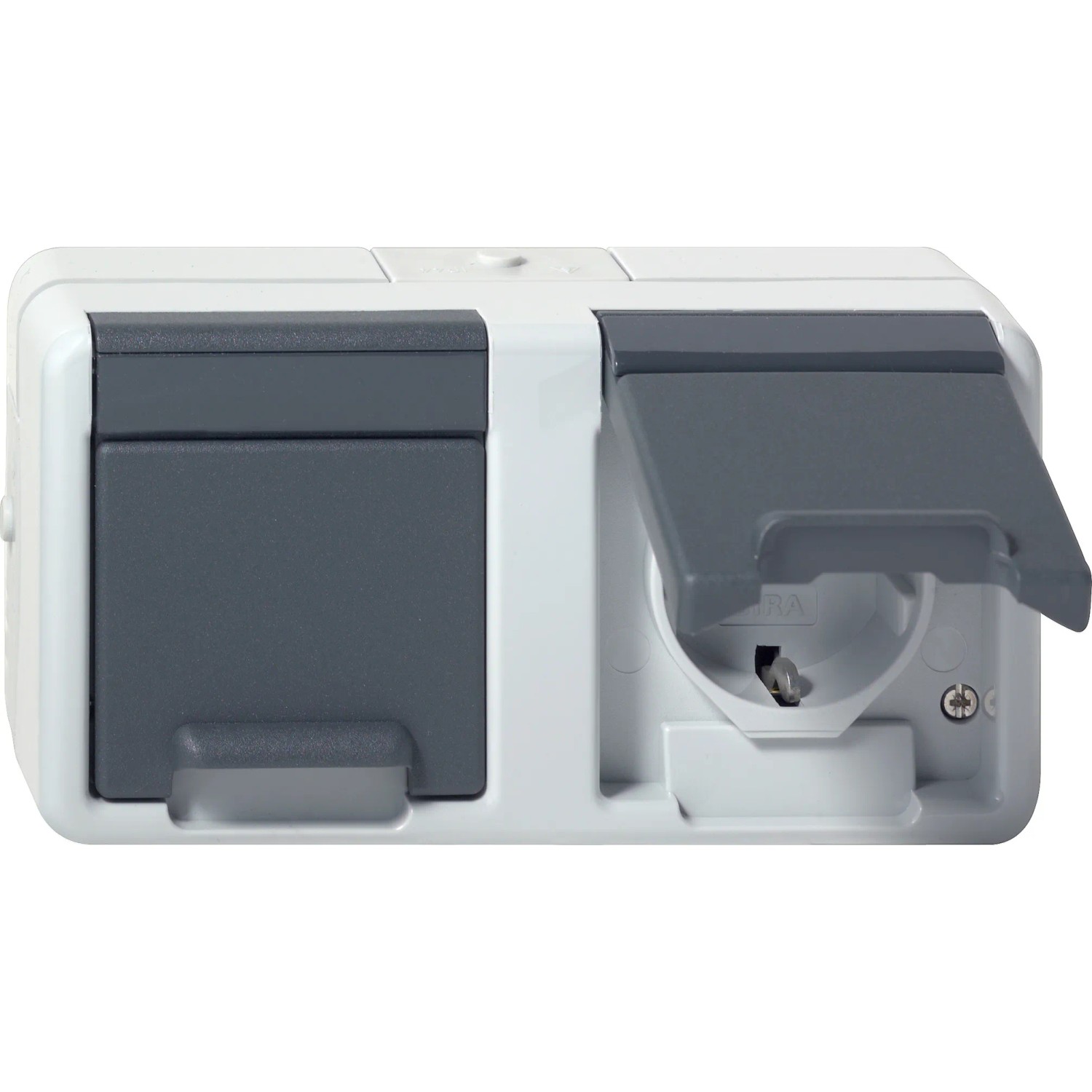GIRA 478130 SCHUKO-Doppelsteckdose waagerecht Klappdeckel WG AP IP44 Grau