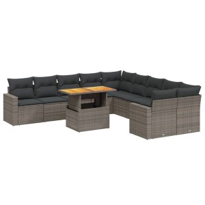 Graue 11-tlg. vidaXL Garten-Sofagarnitur aus Polyrattan mit Tisch und Kissen.