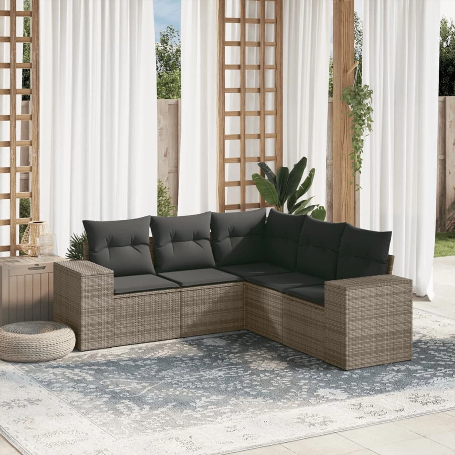 Graue 5-tlg. vidaXL Garten-Sofagarnitur aus Polyrattan mit Kissen für Garten, Terrasse oder Balkon.