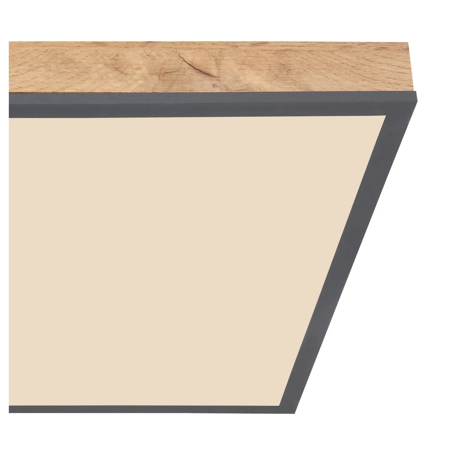 Globo LED-Deckenleuchte Doro, Holz/Graphit, 45x45cm. Quadratische Deckenlampe mit Holzrahmen und graphitfarbenem Rand.