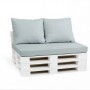 Pastellblaues Palettenkissen Set für Outdoor: Sitzkissen 120x60cm, 2 Rückenkissen 60x50cm auf weißem Palettensofa.