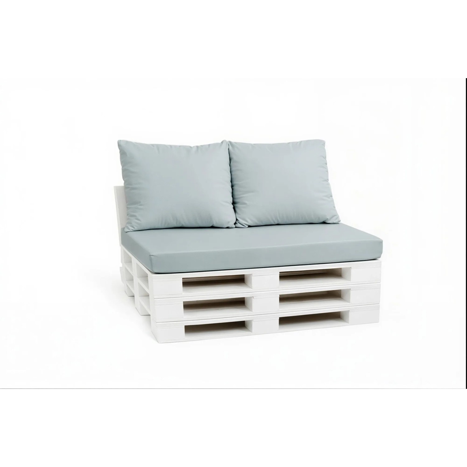Pastellblaues Palettenkissen Set für Outdoor: Sitzkissen 120x60cm, 2 Rückenkissen 60x50cm auf weißem Palettensofa.