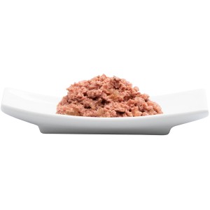 Catz Finefood Katzenfutter Lachs & Geflügel auf weißem Teller.