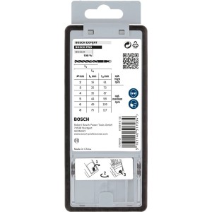 Bosch Holzspiralbohrer-Set Robust Line Verpackung, 2-8mm, mit technischen Daten, Größenübersicht und Sicherheitshinweisen.