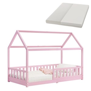 Rosa Juskys Kinderbett Marli 90x200 cm mit Matratze und Lattenrost im Hausbett Design.