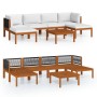 vidaXL 7-tlg. Garten Lounge Set aus Akazienholz mit cremefarbenen Kissen und Seilrückenlehne.