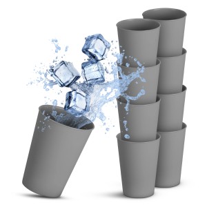 8er Pack graue ProHome Kunststoffbecher (0,2 Liter) mit Eiswürfeln und Wasserspritzer.