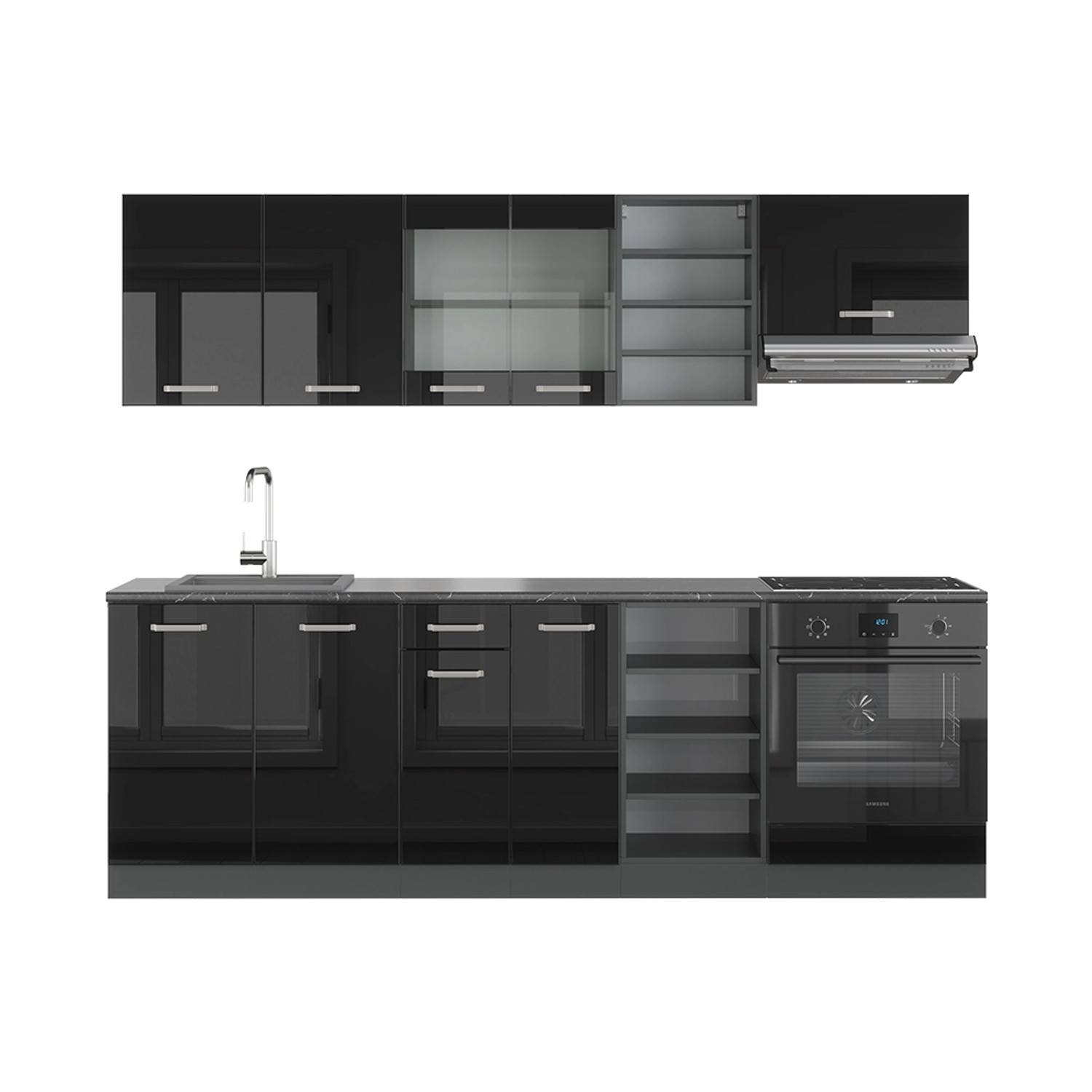 Vicco R-Line Küchenzeile Schwarz Hochglanz/Anthrazit 240 cm AP Anthrazit günstig online kaufen