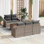 Graues 6-teiliges vidaXL Garten-Sofa-Set aus Poly Rattan mit Kissen und Tisch.