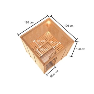 Karibu Innensauna Celine, Holzsauna mit 3 Liegen. Innenmaße 196x196x198 cm, Glasfront. Für 2-3 Personen.