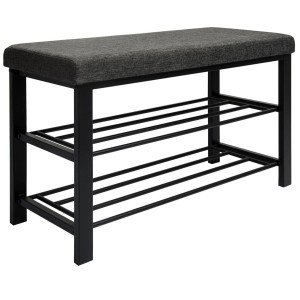 Offener, grauer DuneDesign Schuhschrank aus Metall mit Sitzbank und zwei Ablageflächen für Schuhe.