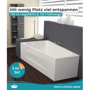 Calmwaters Raumsparwanne Essential Small 160x70 cm, weiße Acryl Badewanne mit Wannenfuß und Ablaufgarnitur.