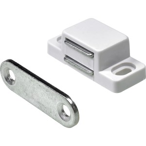 Hettich Magnetschnäpper, 4er-Set, verzinkt mit weißer Kunststoffplatte und Gegenplatte.