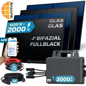 SUNNIVA Balkonkraftwerk 2000W mit Solarmodulen, Wechselrichter und Kabeln.