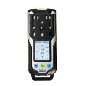 Schwarzes Dräger X-am 8000 Mehrgasmessgerät mit Display für O2, H2S, CO, CH4. Prüfwerkzeug für Arbeitsschutz.