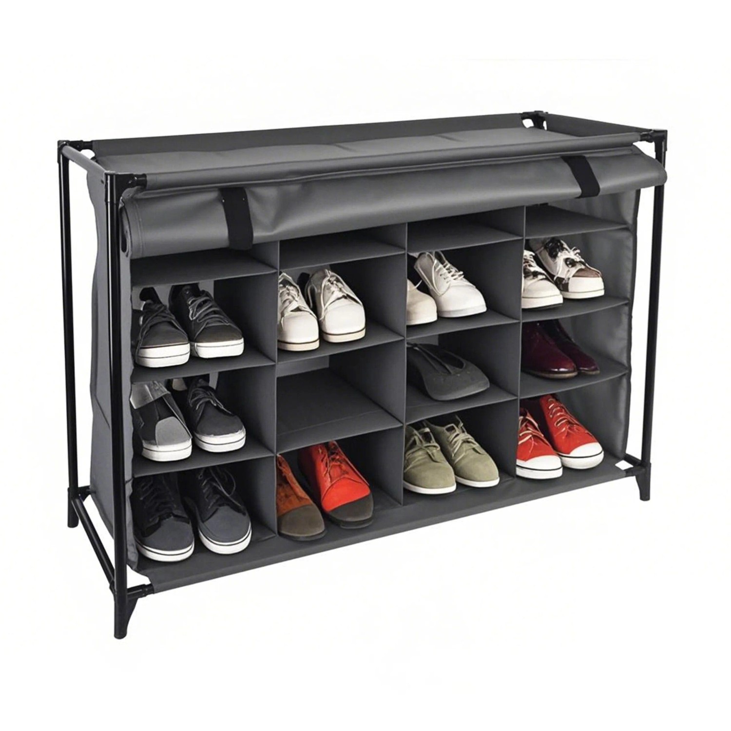 Relaxdays Schuhregal 16 Fächer Polyester Grau Faltbar 65 cm x 85 cm x 35,5 cm 1,5 kg