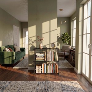 Schwarzes Relaxdays Steckregal aus Stahl mit 4 Würfeln, gefüllt mit Büchern, in modernem Wohnzimmer.