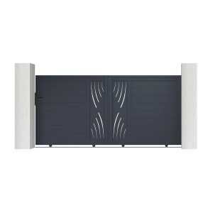 Graues Casanoov Schiebetor Veleta aus Aluminium mit modernem Design und Naturmuster, 3 m breit.
