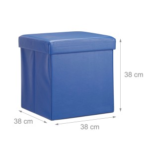 Blauer faltbarer Sitzhocker aus Kunstleder, quadratisch, 38x38x38 cm.