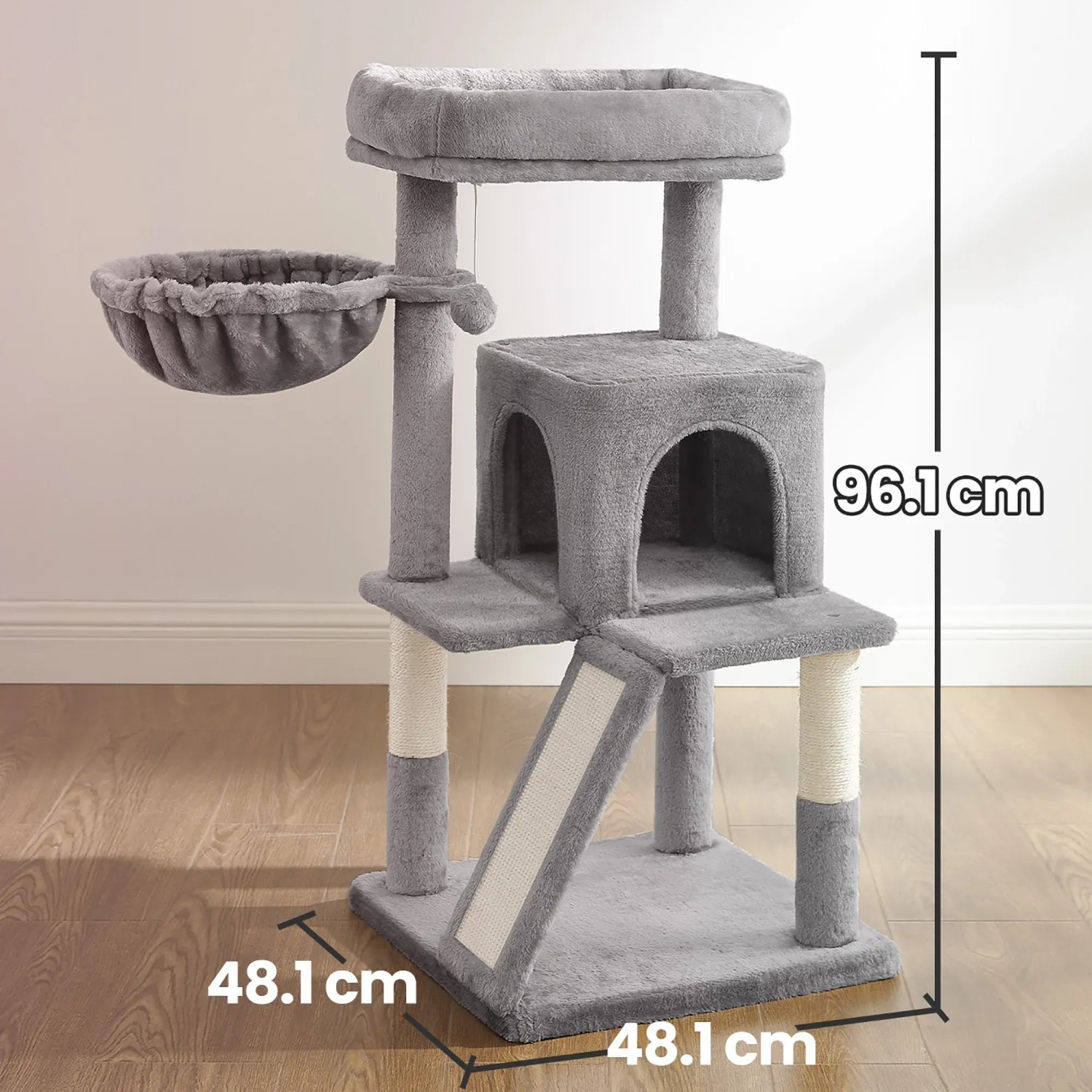 Heller, grauer Feandrea Kratzbaum mit Plattform, Höhle und Kratzrampe für Katzen.