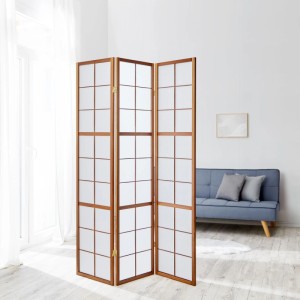 Homestyle4u 3-tlg. Paravent Shoji in Braun, 132x175 cm, aus Holz mit weißem Reispapier, als Raumteiler.