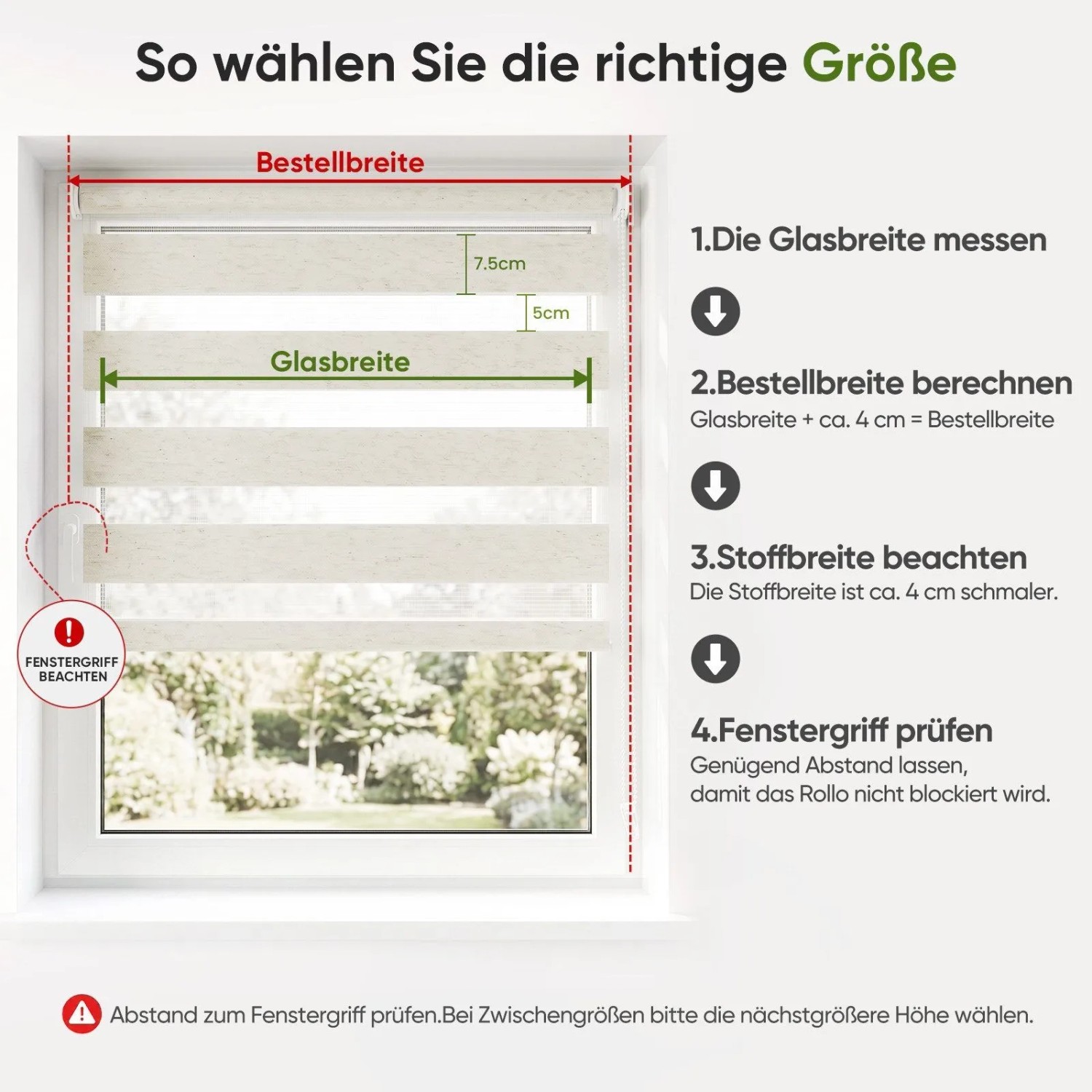 Beiges Doppelrollo Klemmfix am Fenster. Anleitung zur Größenwahl: Glasbreite messen, Bestellbreite berechnen, Fenstergriff beachten.
