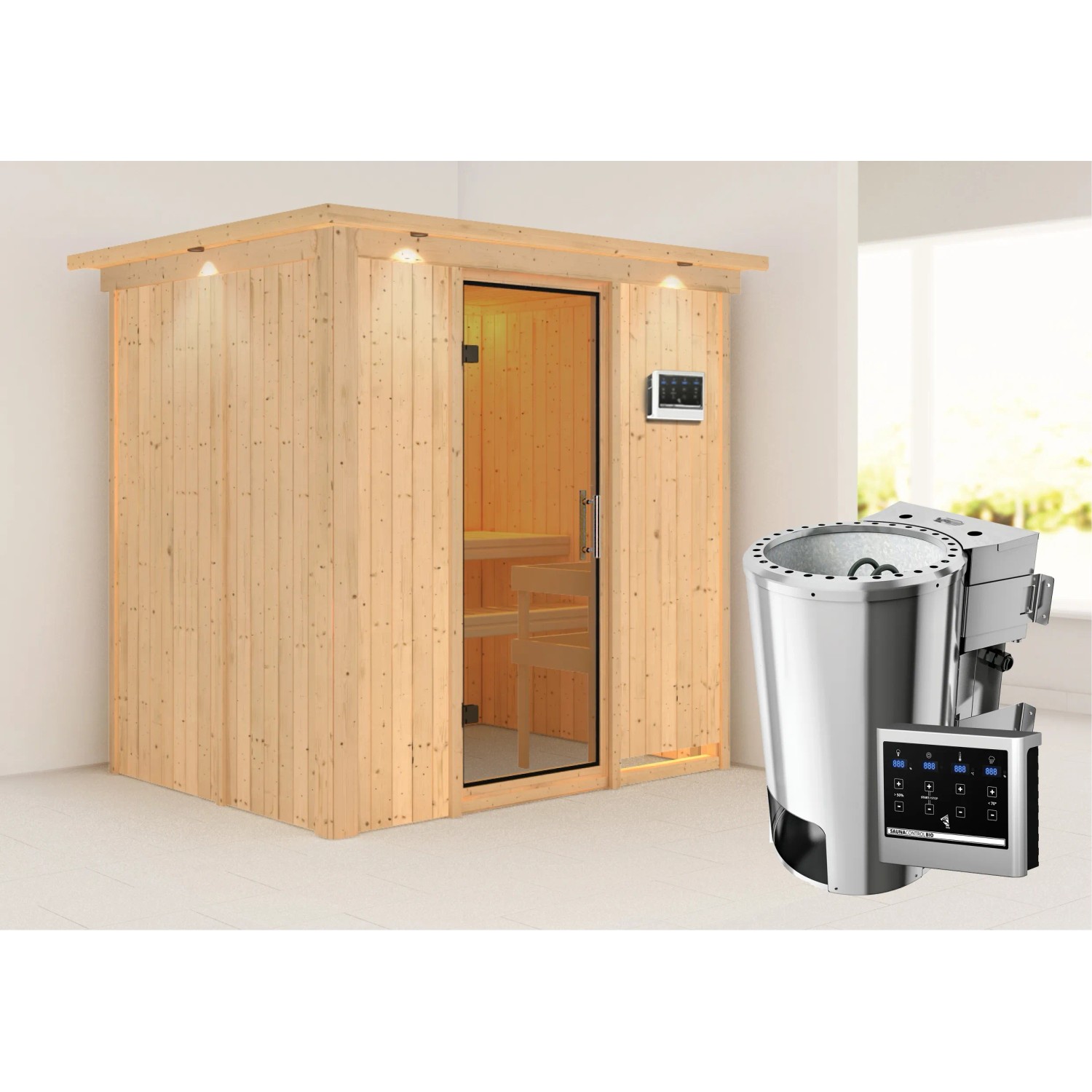 Karibu Sauna Finja mit Bio-Ofen externe Stg.Easy LED-Dachkranz Natur