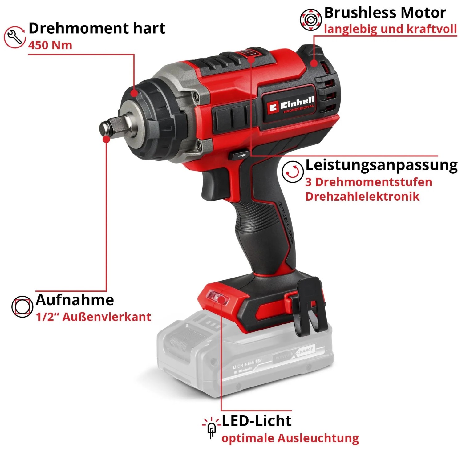 Einhell Akku-Schlagschrauber Impaxxo 18/450 Solo: Akkubetriebener Schrauber mit LED-Licht und Bit-Adapter.