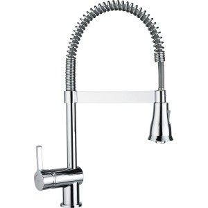 Chrom Küchenarmatur KI-1860 von baliv mit Geschirrbrause und hohem, schwenkbarem Auslauf.