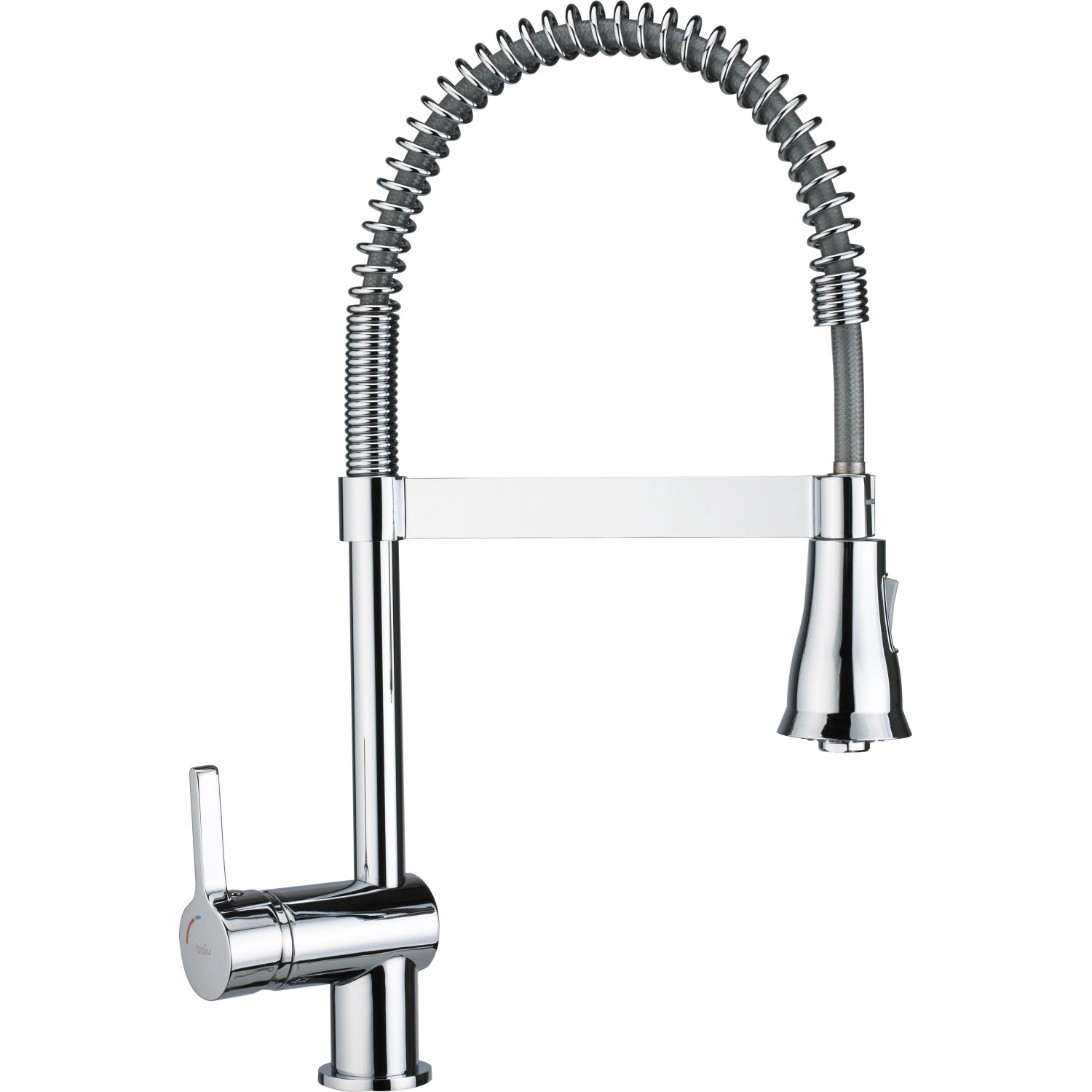 Chrom Küchenarmatur KI-1860 von baliv mit Geschirrbrause und hohem, schwenkbarem Auslauf.