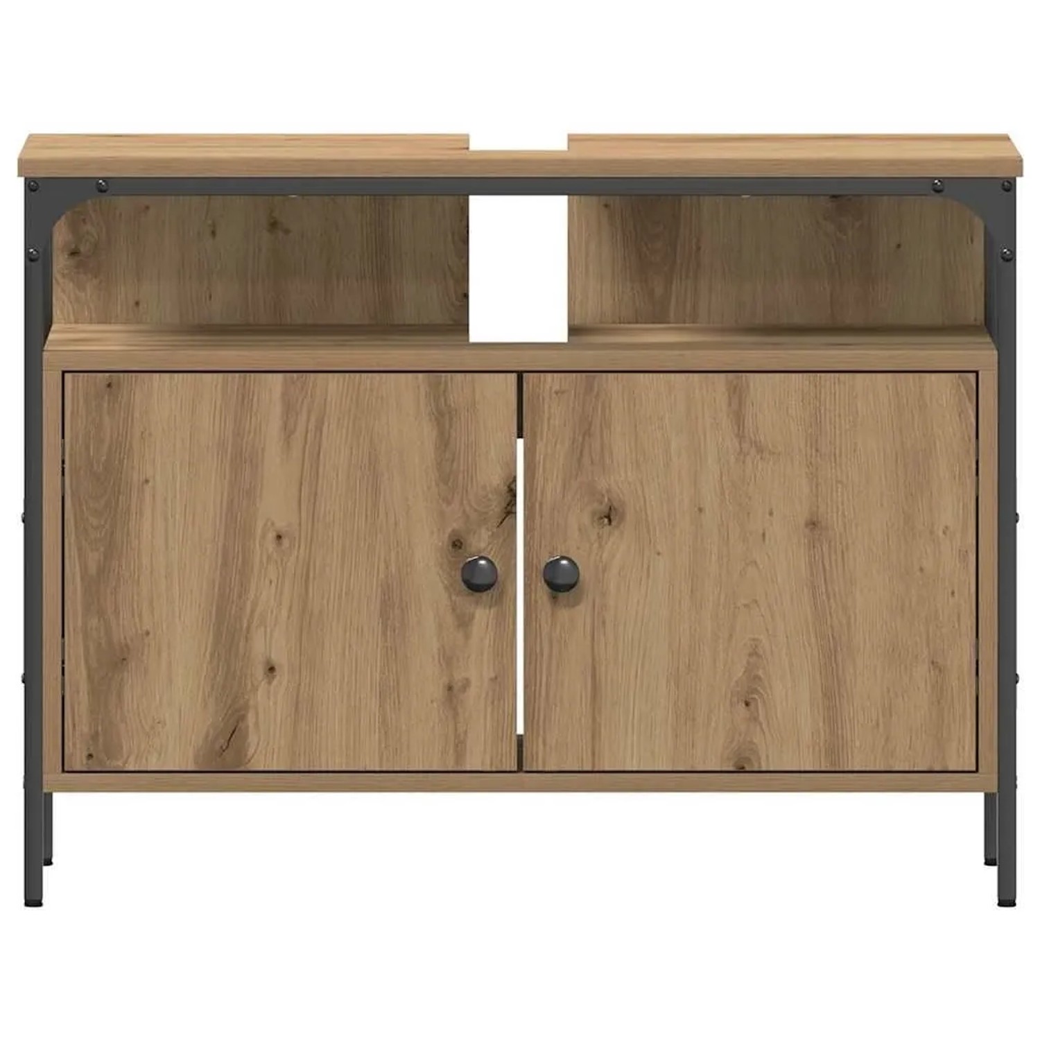 Waschbeckenschrank Artisan-Eiche Holzoptik, schwarzer Metallrahmen, 2 Türen, offene Fächer. Moderner Badunterschrank.