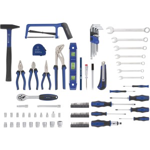 Vielseitiger LUX Werkzeugkoffer, 108-teilig, mit Hammer, Zangen, Schraubenschlüssel, Bits und vielem mehr.