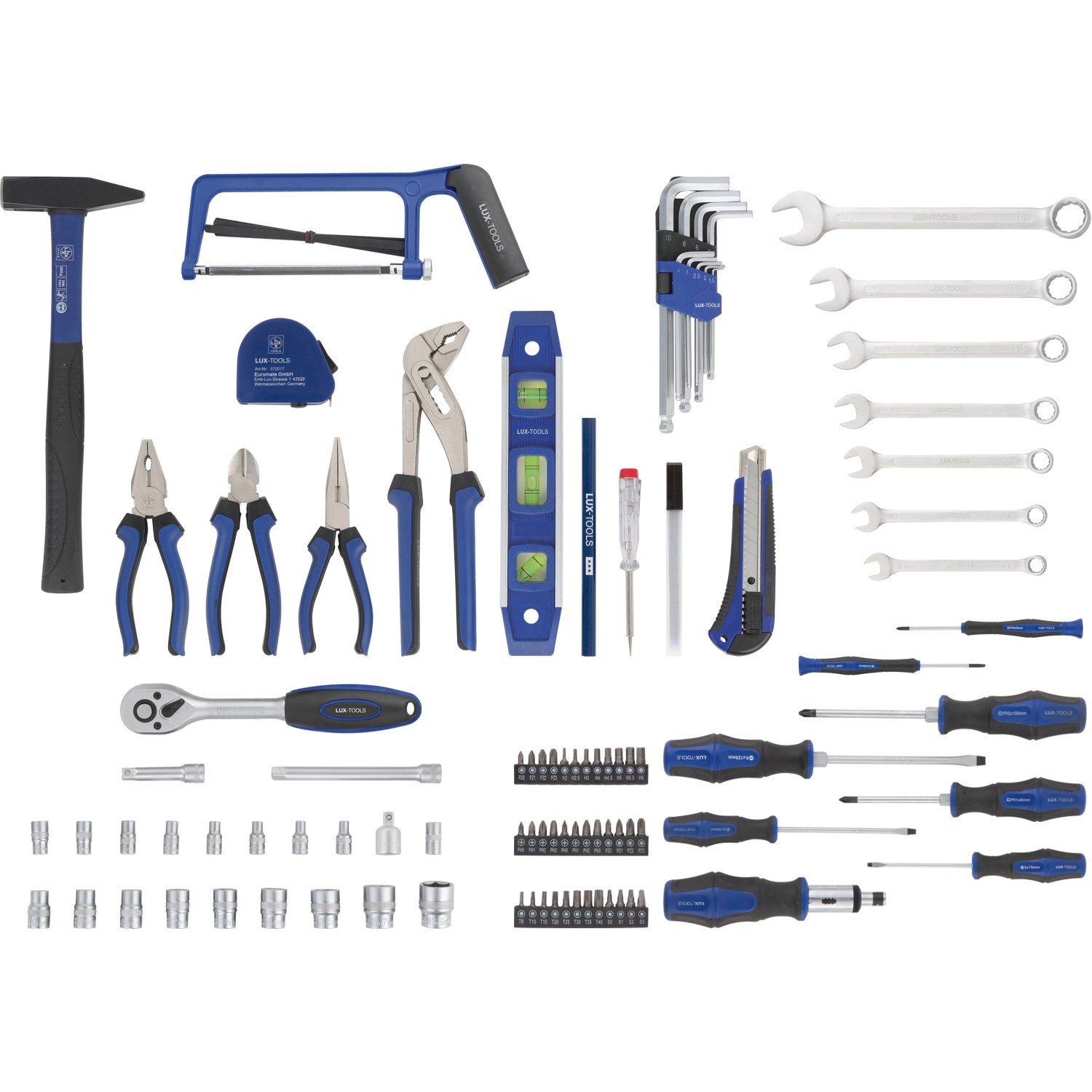 Vielseitiger LUX Werkzeugkoffer, 108-teilig, mit Hammer, Zangen, Schraubenschlüssel, Bits und vielem mehr.
