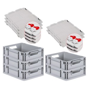 PROREGAL SuperSparSet: 5 graue Euroboxen mit Deckel und roten Verschlüssen, 11 Liter.