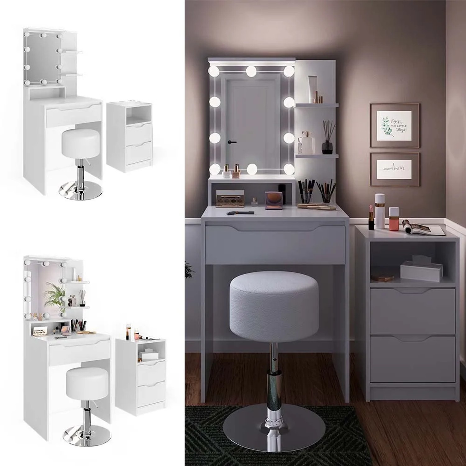 Weißer Vicco Schminktisch Ruben mit LED-Spiegel, Hocker und Schubladenschrank.