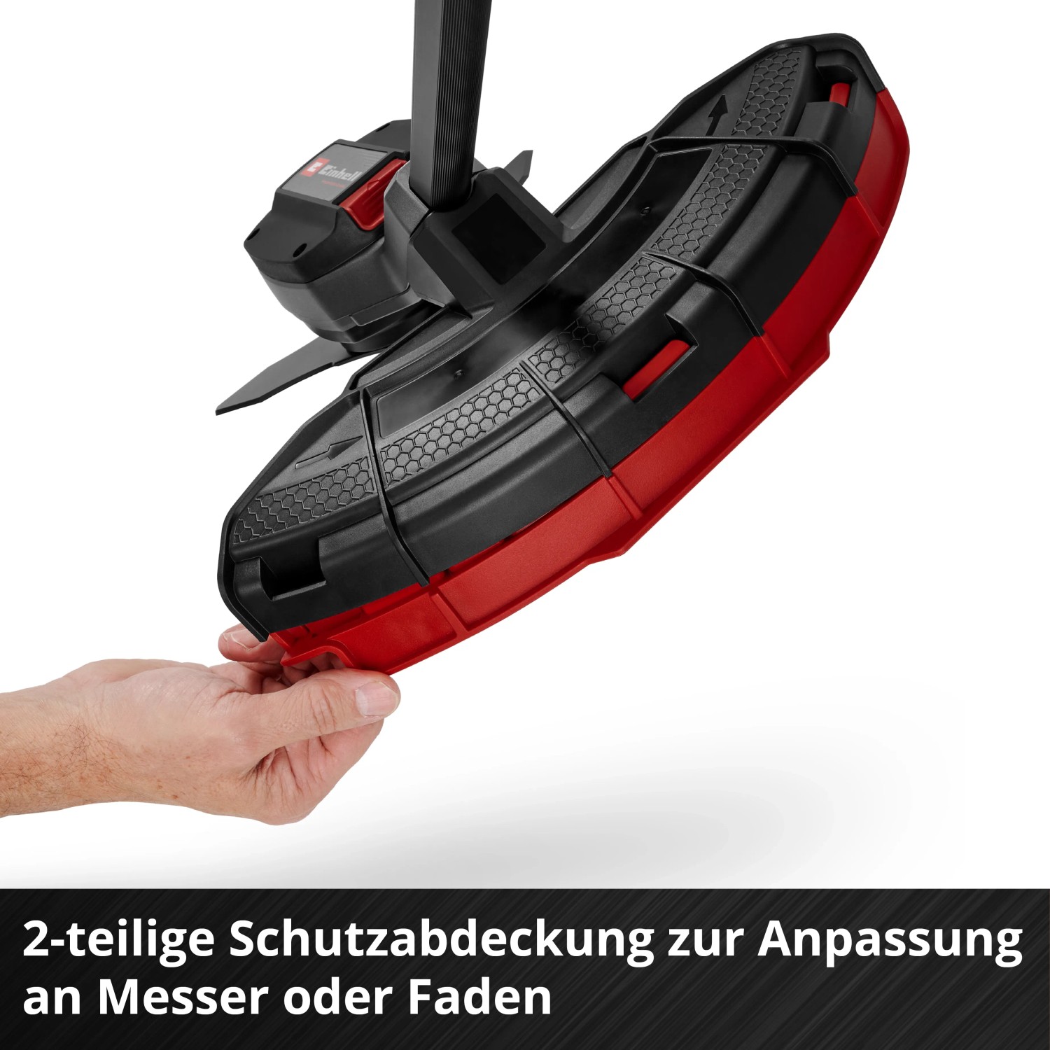 Detailaufnahme: Schutzabdeckung des Einhell Akku-Trimmers GP-BC 36/430 Li BL-Solo.