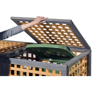 Gaspo Müllbox Kaprun für 2 Tonnen, Holzstruktur mit geöffnetem Deckel und Mülltonne.