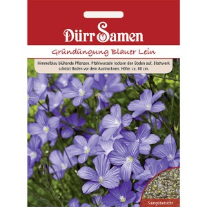 Dürr Samen Gründüngung Blauer Lein: Packung mit blauen Leinblüten und Saatgut für ca. 10 m².