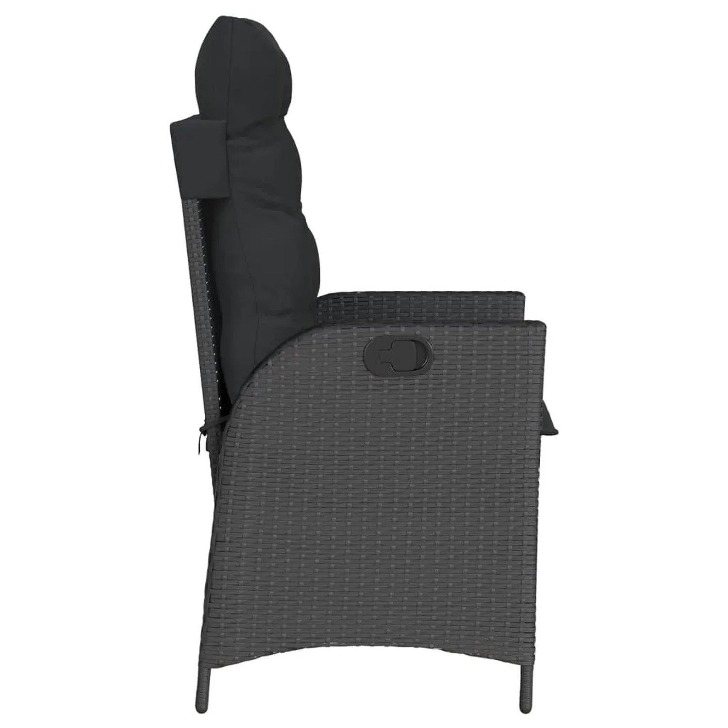 Verstellbarer, schwarzer Gartensessel aus Poly Rattan mit Kissen (2er-Set).