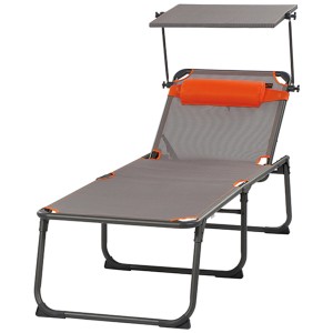 Graue Portal Campingliege Kevin XXL mit Sonnendach und Nackenpolster, ideal für Camping & Freizeit.