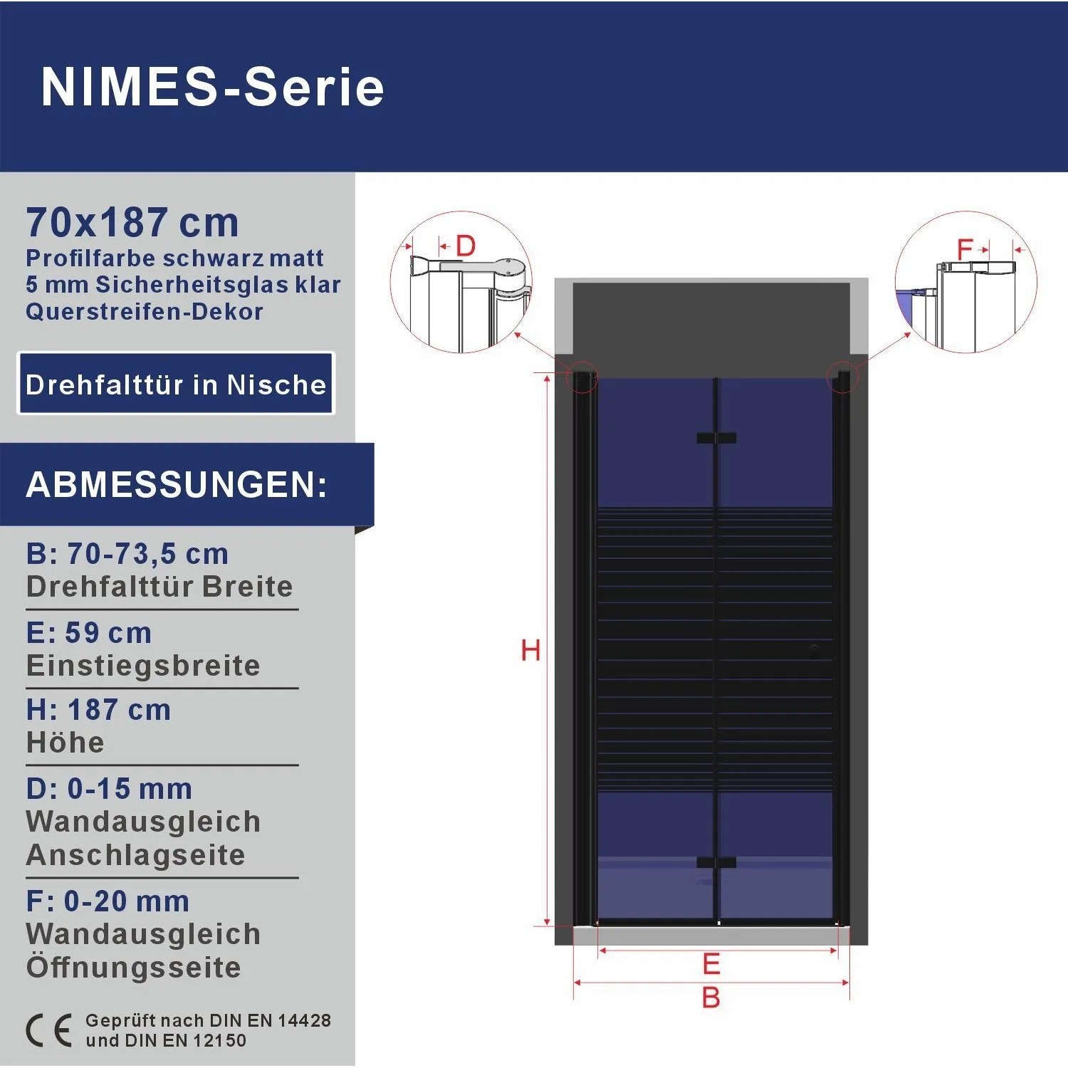 Aquabatos Dusch-Falttür 70x187 cm, mattschwarze Profile, 5mm Sicherheitsglas mit Streifen-Dekor. Ideal für Nischen.