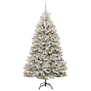 Geschmückter, künstlicher, grün-weißer Weihnachtsbaum (240 cm) mit LED-Lichtern und rosa Kugeln.