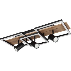 Moderne, schwarze Globo LED-Deckenleuchte Kassu mit Holzdekor und vier Strahlern.