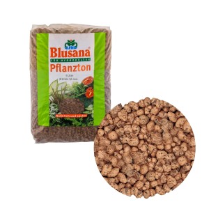 Blusana Blähton 8-16mm, 5L Sack und Nahaufnahme der groben Pflanzton-Körnung.