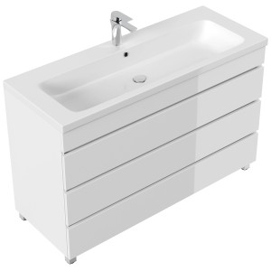 Posseik Badmöbel Fellini 120, weiß hochglanz, mit Waschbecken und drei Schubladen.