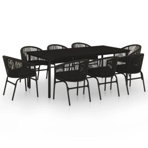 Schwarze 9-teilige Garten-Essgruppe mit Tisch und 8 Rattan-Stühlen.