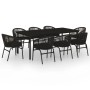 Schwarze 9-teilige Garten-Essgruppe mit Tisch und 8 Rattan-Stühlen.