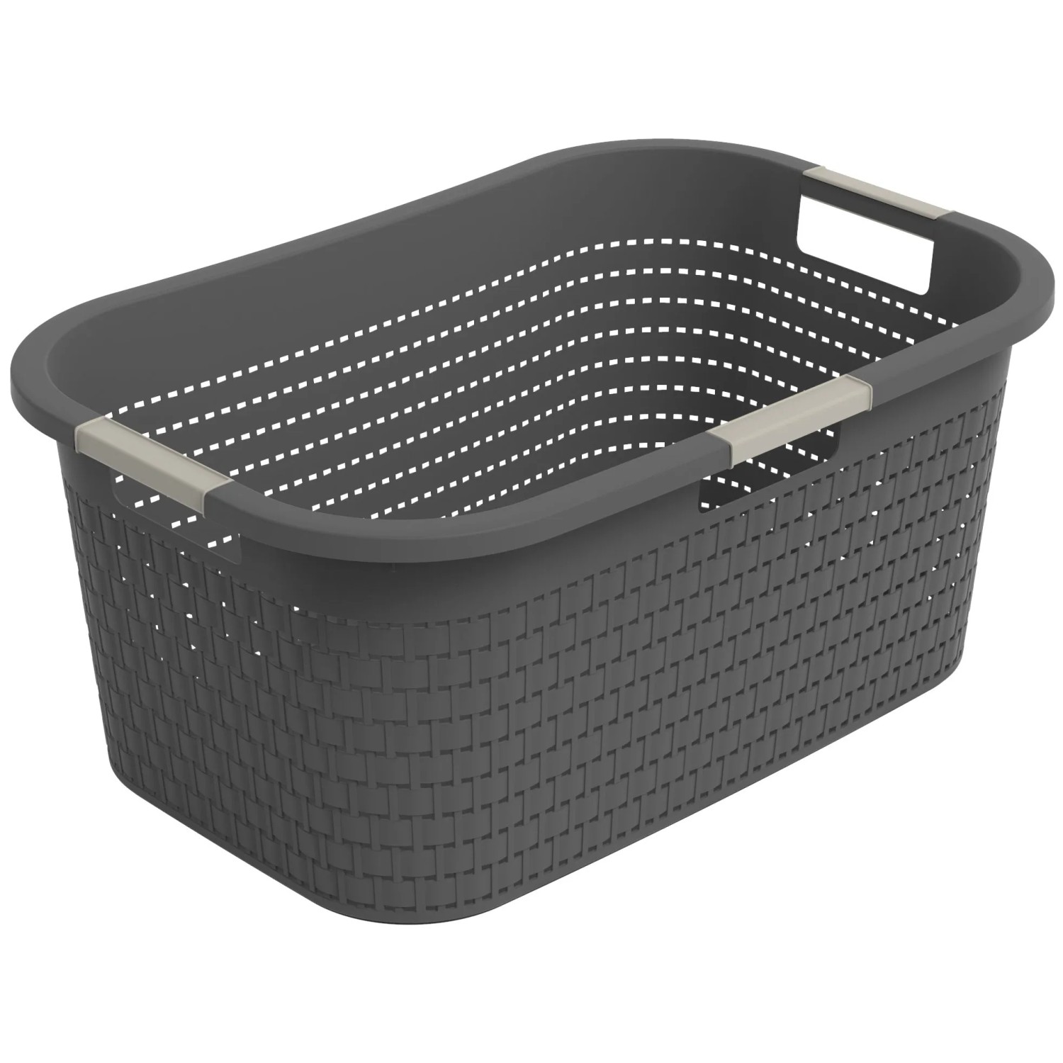 Anthrazitfarbener Rotho Wäschekorb Country (40 l) mit Rattanstruktur und Tragegriffen.