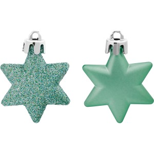 Baumschmuck-Set Sterne, 12-teilig, mintgrün, matte und glitzernde Oberfläche.