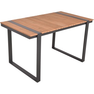 Tisch der Garden Pleasure Lounge-Eckgruppe Belmira, Holzoptik mit grauem Metallgestell.